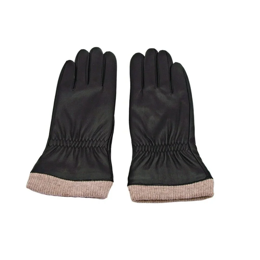 Redess Black PU Leather Wool Blend Lined Wrist Gloves Warm Winter Driving Sz 6.5